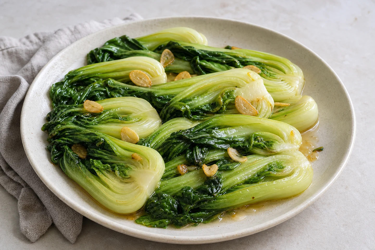 Garlic stir-fried Shanghai bok choy on a light ceramic plate.