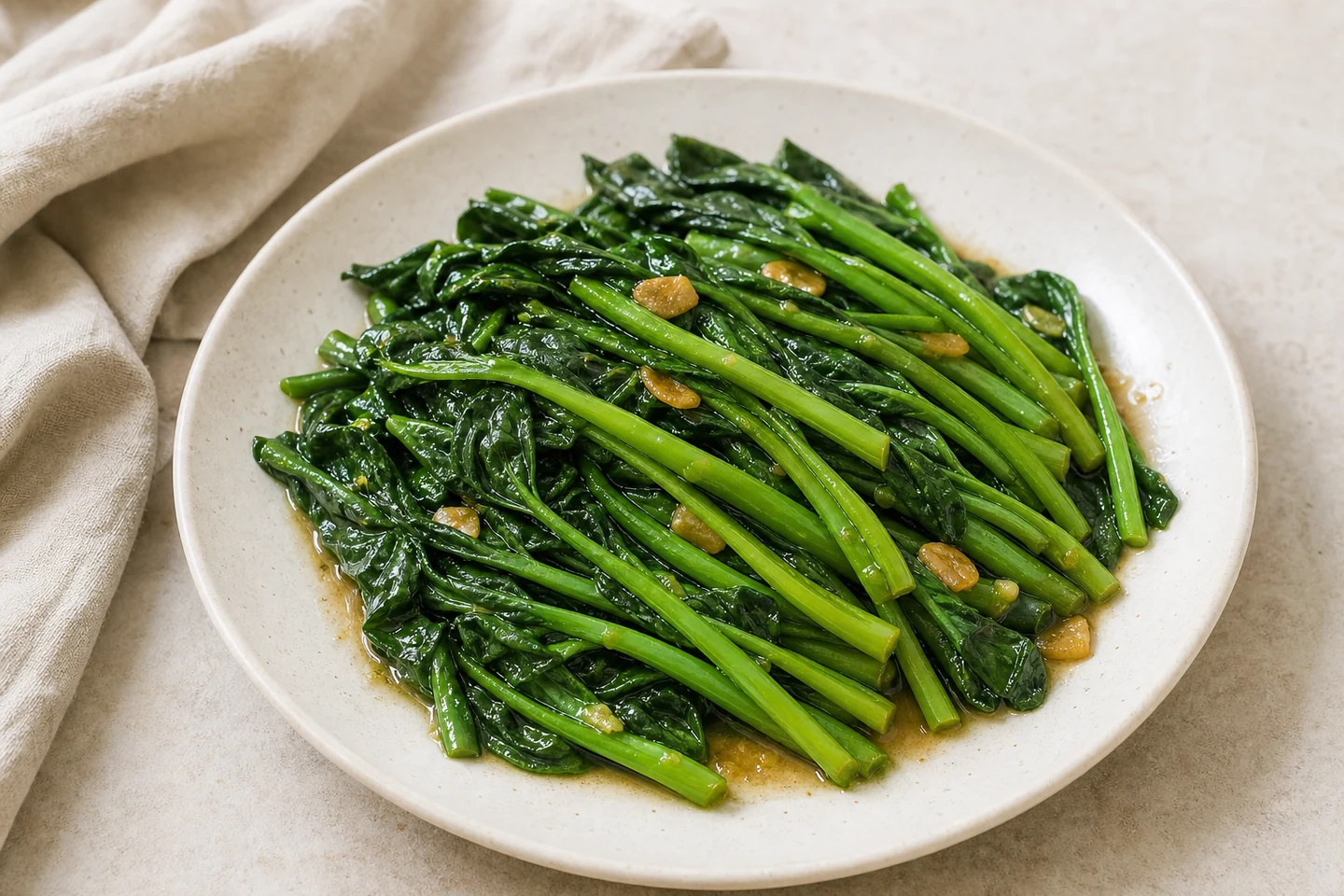 Yu choy cooked with garlic and a light oyster-sauce glaze.